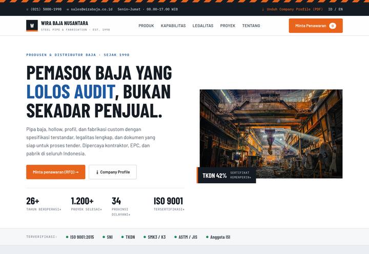 Cuplikan tampilan website WIRA BAJA NUSANTARA — B2B manufaktur & distributor