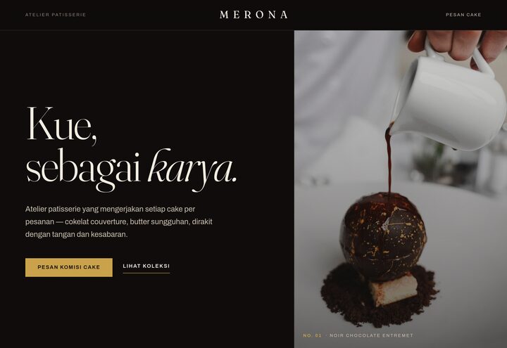 Cuplikan tampilan website MERONA — patisserie & custom cake