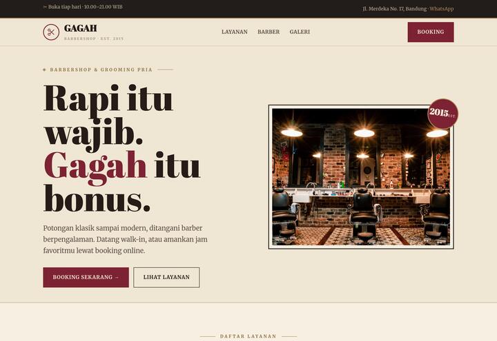 Cuplikan tampilan website GAGAH — barbershop