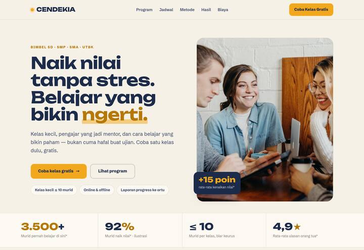 Cuplikan tampilan website CENDEKIA — bimbel & kursus