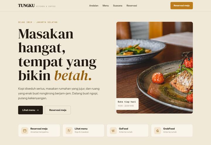 Cuplikan tampilan website TUNGKU — café & resto