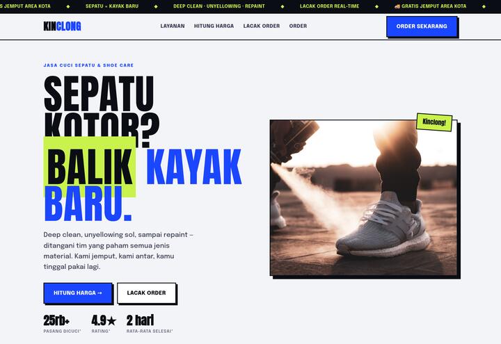 Cuplikan tampilan website KINCLONG — cuci sepatu