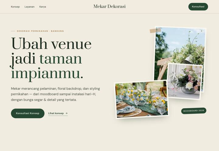 Cuplikan tampilan website Mekar Dekorasi — dekorasi pernikahan
