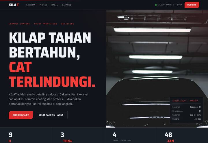 Cuplikan tampilan website KILAT — detailing & coating mobil