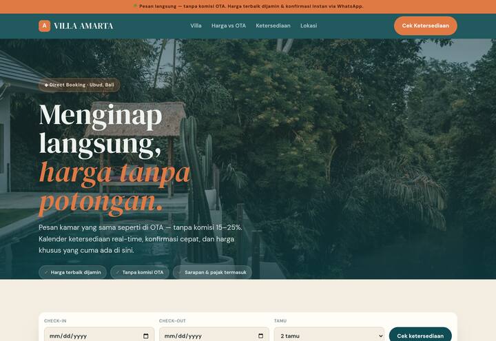 Cuplikan tampilan website VILLA AMARTA — direct booking villa