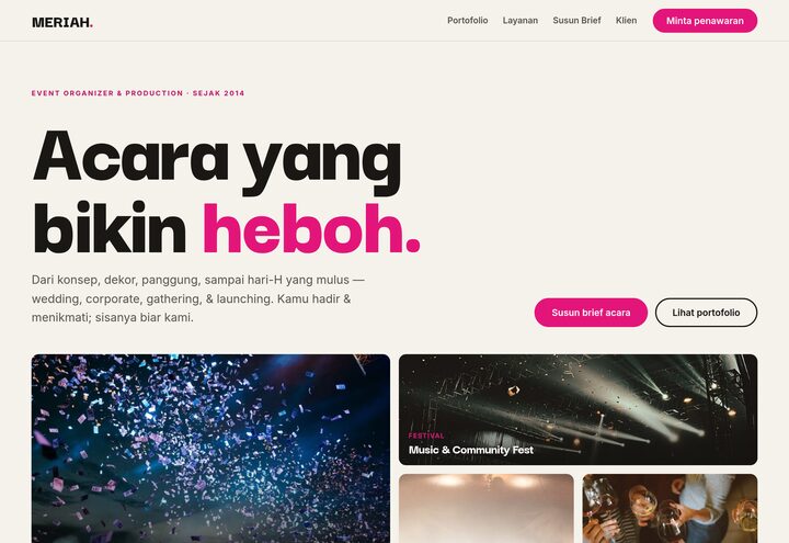 Cuplikan tampilan website MERIAH — event organizer