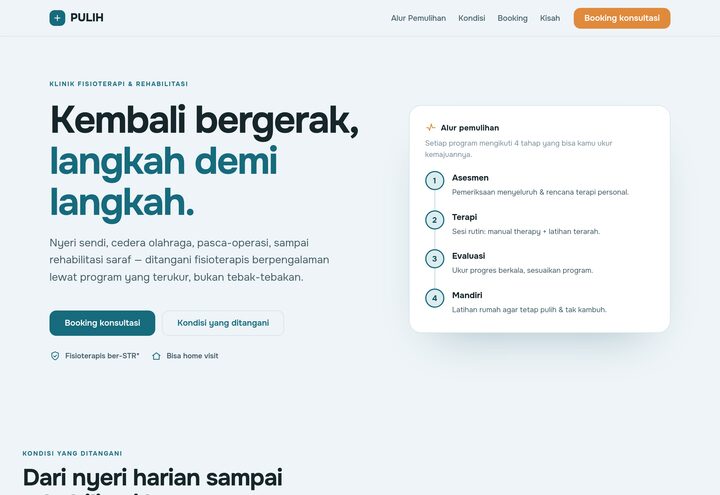 Cuplikan tampilan website PULIH — klinik fisioterapi
