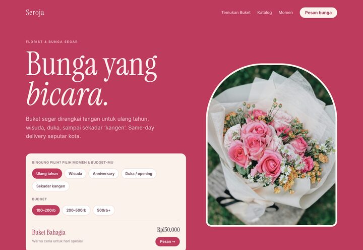 Cuplikan tampilan website SEROJA — florist bunga segar