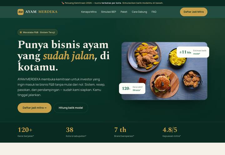 Cuplikan tampilan landing page AYAM MERDEKA — kemitraan / franchise F&B