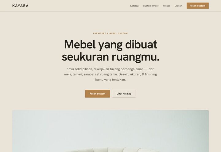 Cuplikan tampilan website KAYARA — furniture & mebel custom