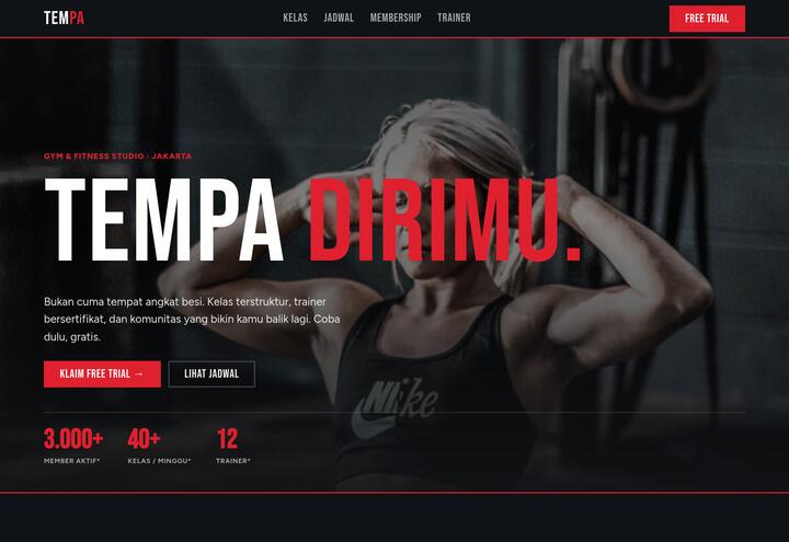 Cuplikan tampilan website TEMPA — gym & fitness