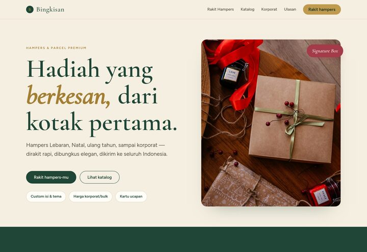 Cuplikan tampilan website BINGKISAN — hampers & parcel
