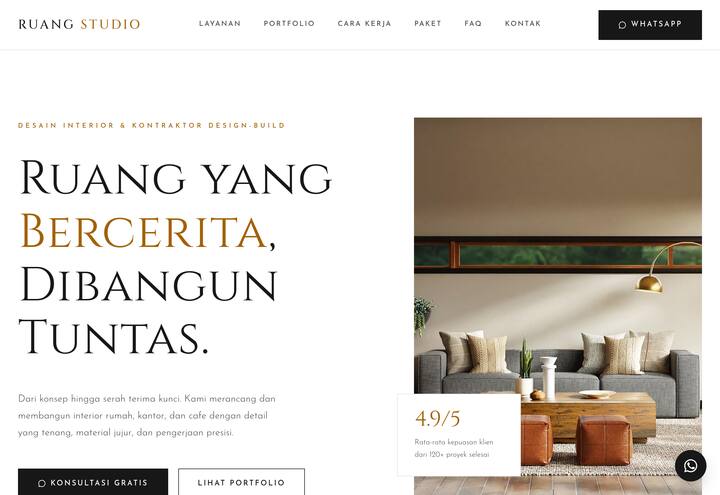 Cuplikan tampilan website Ruang Studio — interior & kontraktor