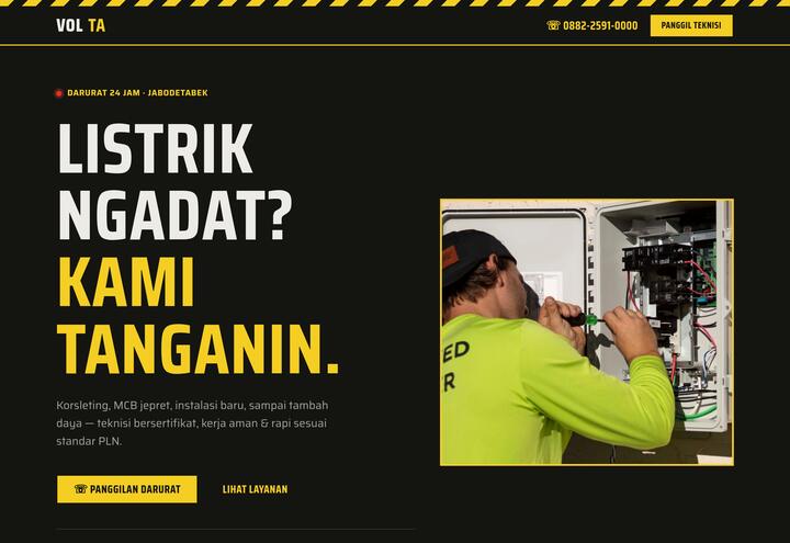 Cuplikan tampilan website VOLTA — jasa kelistrikan