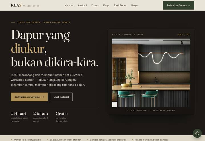 Cuplikan tampilan website RUAS Atelier — kitchen set custom