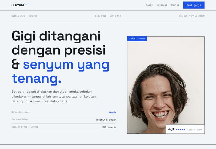 Cuplikan tampilan website SENYUM — klinik gigi