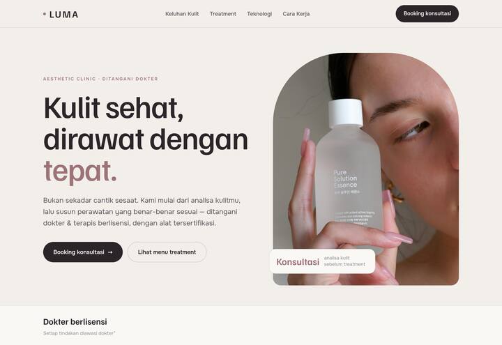 Cuplikan tampilan website LUMA — klinik kecantikan