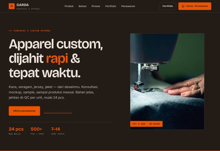 Cuplikan tampilan website GARDA Konveksi — konveksi & apparel