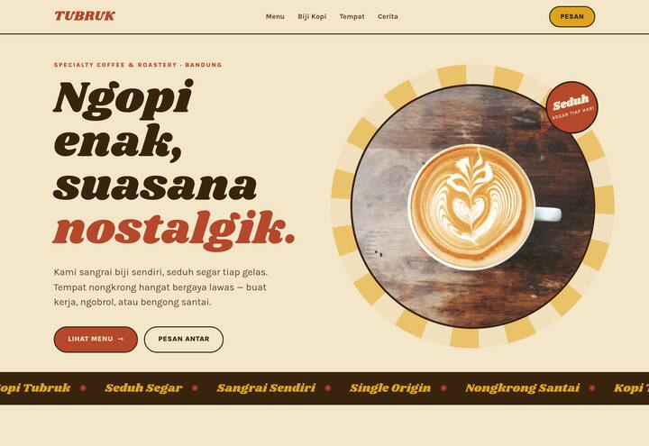 Cuplikan tampilan website TUBRUK — coffee shop & roastery