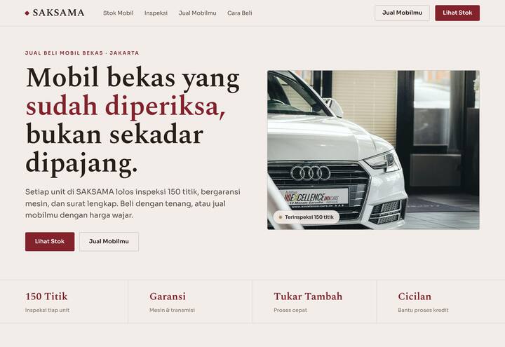 Cuplikan tampilan website SAKSAMA — jual beli mobil bekas