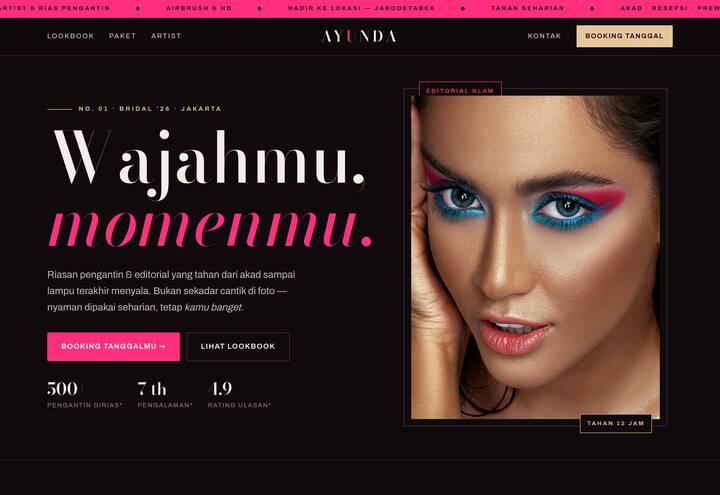Cuplikan tampilan website AYUNDA — makeup artist & rias pengantin