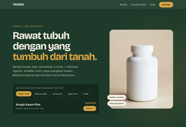 Cuplikan tampilan website TAMBA — produk herbal & jamu