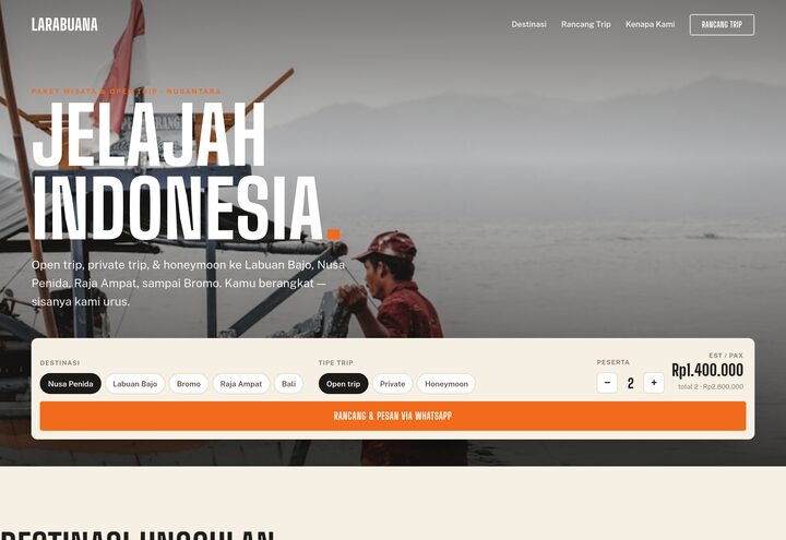 Cuplikan tampilan website LARABuana — paket wisata & open trip