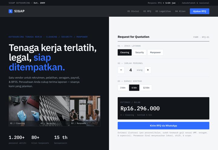 Cuplikan tampilan website SIGAP — outsourcing tenaga kerja