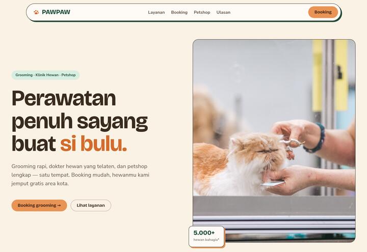 Cuplikan tampilan website PAWPAW — petshop & klinik hewan