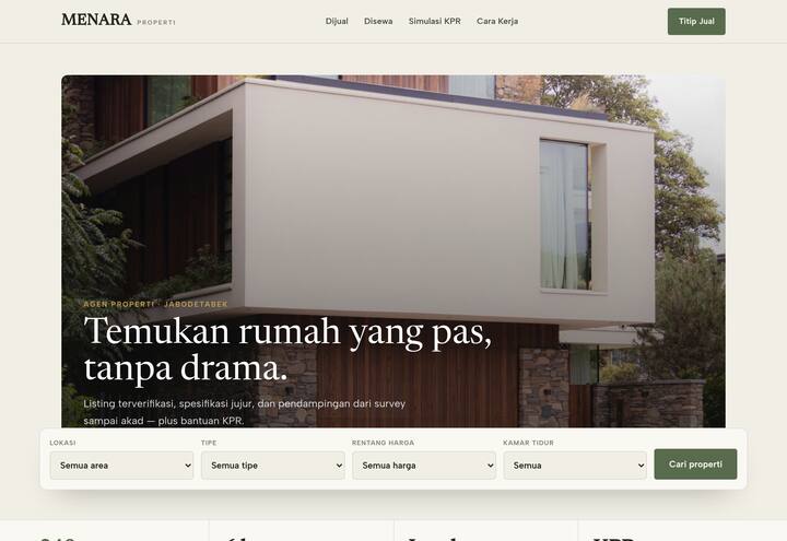 Cuplikan tampilan website MENARA — agen properti