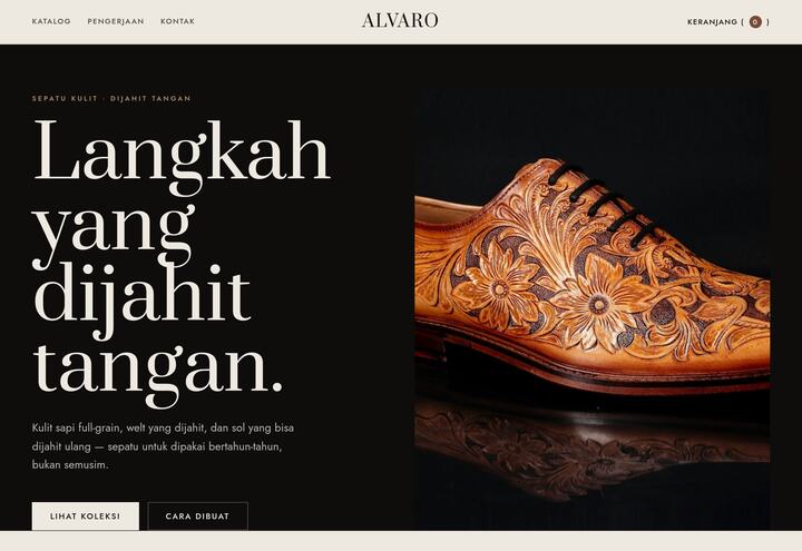 Cuplikan tampilan website ALVARO — brand sepatu kulit