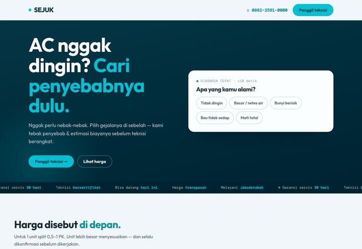 Cuplikan tampilan website SEJUK — service AC