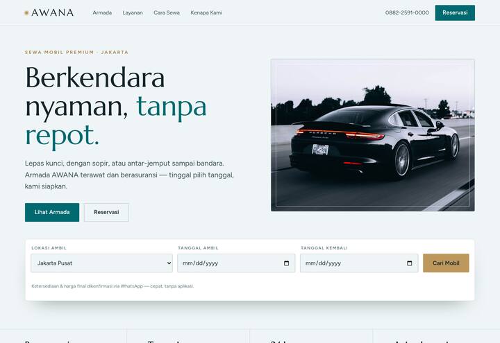 Cuplikan tampilan website AWANA — sewa mobil