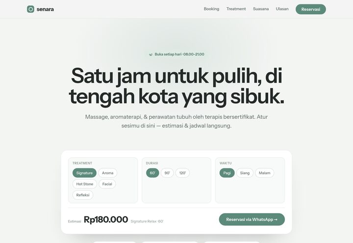 Cuplikan tampilan website SENARA — spa & massage