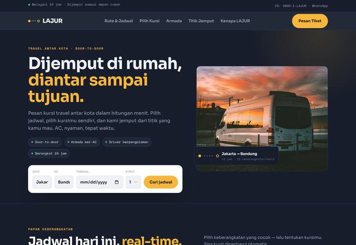 Cuplikan tampilan website LAJUR — travel antar kota