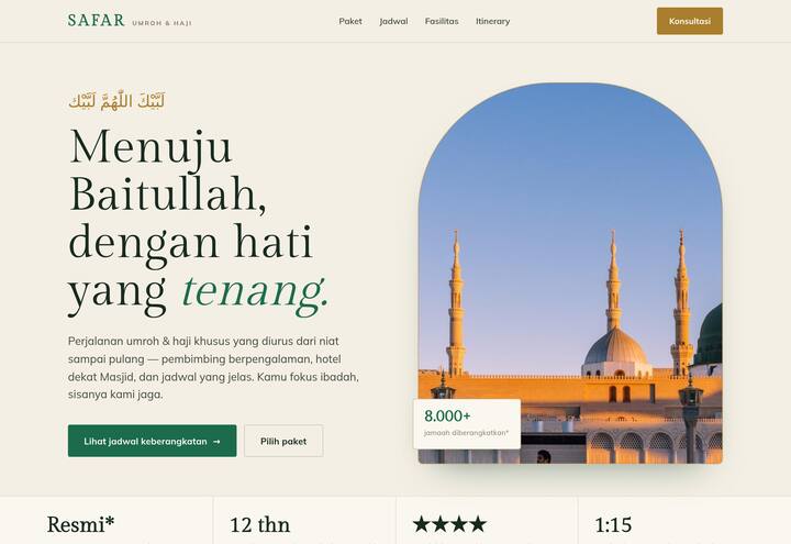 Cuplikan tampilan website SAFAR — travel umroh & haji