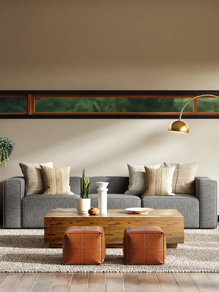 Interior ruang tamu minimalis dengan furniture kayu walnut dan pencahayaan hangat